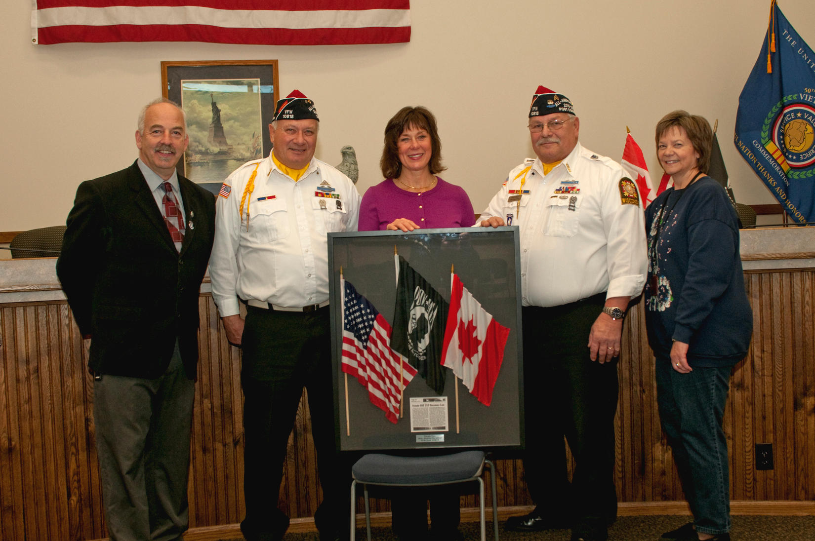 Those attending the presentation are (from the left) New Richmond Mayor Fred Horne, VFW Post 10818 member Ken House, State Sen. Sheila Harsdorf, VFW Post 10818 member Dave Green, CVSO Technician Geri Campbell. (Photo by Tom Lindfors)